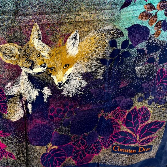 Beautiful Unused Fox Designed  Christian Dior 100% Silk Scarf  Satin 29"x29  (17 - Picture 8 of 9